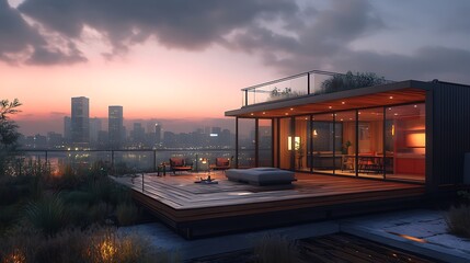 Fototapeta premium A luxurious smart container home with a sleek, ultra-modern design, featuring a wooden deck with automatic retractable shading, AI-driven climate control,