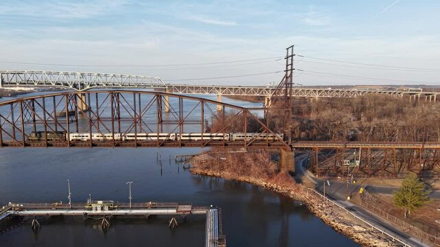 Aerial View of a Train on a Railroad Bridge Crossing the Delaware River
