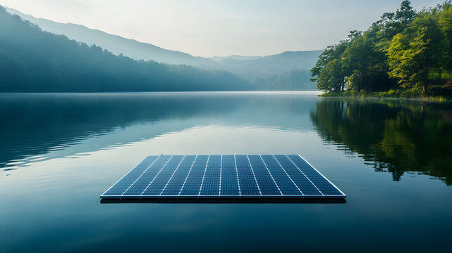 A calm lake with a floating solar panel on the surface, reflecting the peaceful harmony of renewable energy in nature.