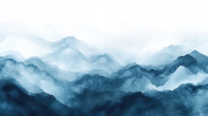 Obraz premium Blue watercolor mountain range with misty fog and soft hues blending in the background