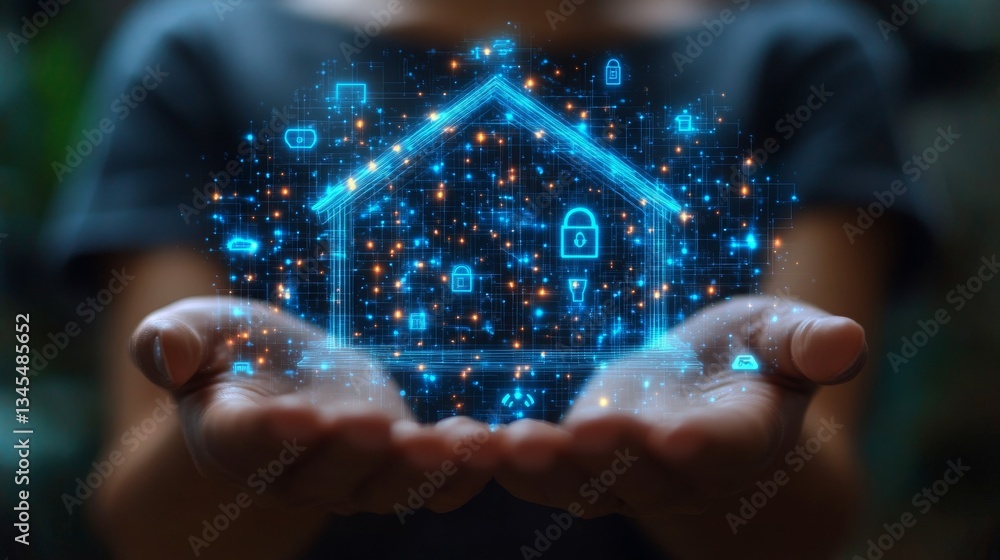 Poster innovative technology in use with futuristic holographic display of a house and security icons