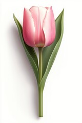 Naklejka premium Single Pink and White Tulip with Green Leaves on White Background