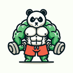A strong and muscular panda mascot lifting dumbbells, designed as a bold cartoon character vector. Ideal for gym branding, fitness clubs, s