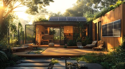 Fototapeta premium A modern eco-friendly container home with solar panels, a wooden outdoor seating area, and a green rooftop retreat. The natural materials blend seamlessly with the surrounding urban garden,