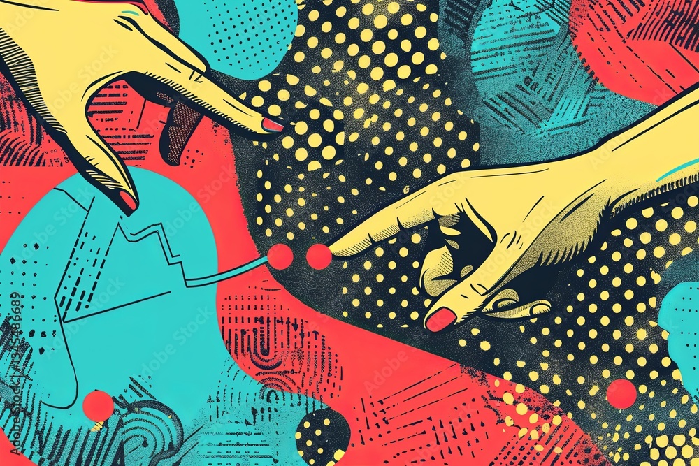 Poster trendy halftone collage featuring hands connecting gps points for travel and delivery routes in cont