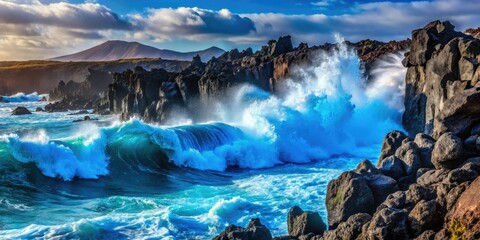 Naklejka premium Black volcanic sands meet powerful ocean waves on Lanzarote's dramatic coast.