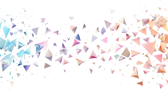 Colorful triangles floating on transparent background: abstract geometric design
