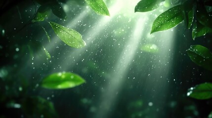 Lush greenery bathed in sunlight.  Fresh leaves, glistening with dew drops, cascade in a vibrant green forest scene, illuminated by radiant sunlight filtering through the canopy