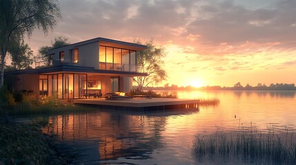 Fototapeta premium A peaceful lakeside container house reflecting the soft colors of sunset, with an open-air balcony and a wooden deck extending over the calm water.