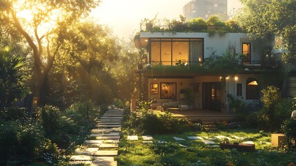 Obraz premium A peaceful modern container house, featuring a rooftop garden, a bright and airy balcony, and a beautifully maintained green yard. The golden daylight creates a warm and inviting feel, ultra-detailed,