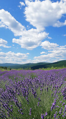 Lavender field golden sunlight blue sky white clouds purple blossoms lush nature summer season vibrant floral meadow rolling hills countryside peaceful relaxing landscape fresh aromatic atmosphere