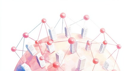 Artistic representation of a global network connecting buildings. This abstract design symbolizes communication and innovation in modern architecture and technology.