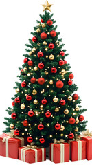 Realistic Christmas Tree Illustration with Red and Gold Ornaments on a Transparent Background Featuring Festive Holiday Decorations with Presents Gifts and Star Celebration