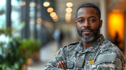 Veteran in military uniform attending an important job interview indoors in a professional setting