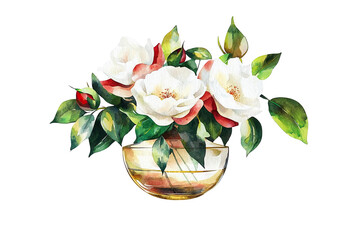 A bouquet of white flowers with green leaves, elegantly arranged in a round glass vase.