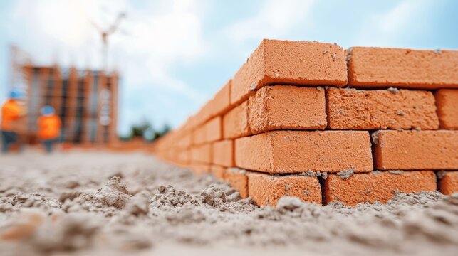 Construction progress of brick wall urban site engineering project outdoor setting low angle view concept of building development