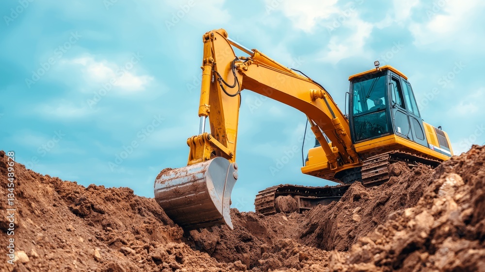 Poster excavator action at construction site engineer overseeing under construction project earth moving en