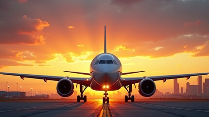 Commercial airliner on runway, dramatic sunset sky, golden hour lighting, front view of aircraft, vibrant orange and blue sky, airport tarmac, city skyline in background,  32k Resolution