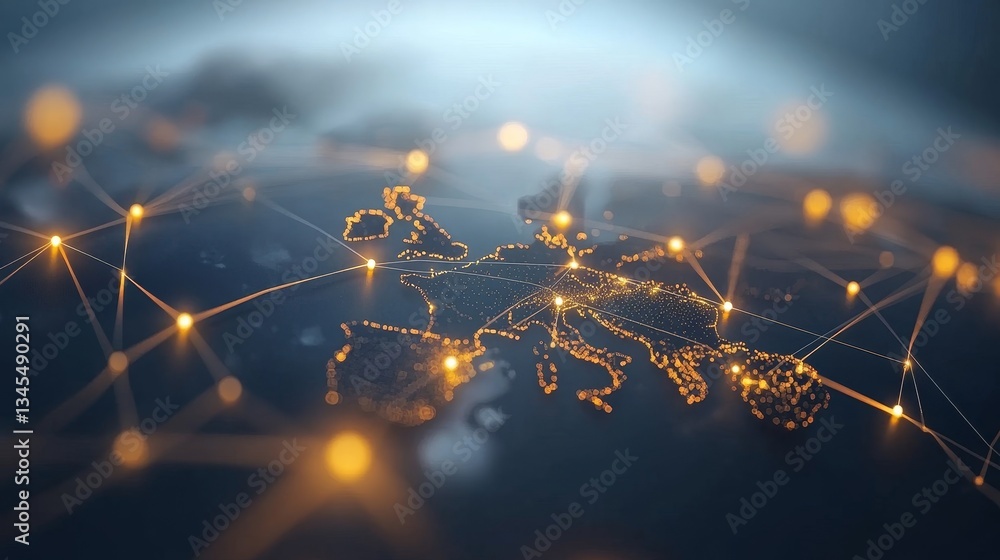Aufkleber global network connection over europe with bright nodes and lines