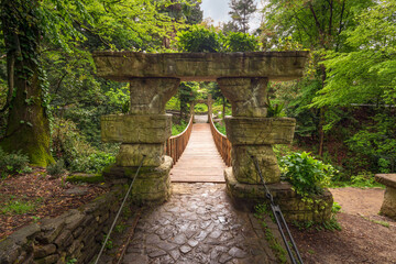 View of the suspension bridge in the Upper Park of the Sochi Arboretum, Sochi, Krasnodar Territory, Russia