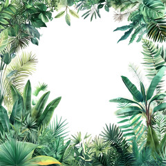 Illustration of Tropical Green Leaves Frame with Transparent Background Featuring Exotic Foliage Border Botanical Watercolor Design Perfect for Summer Themed Projects