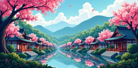 Obraz premium Tranquil illustration of Edo period village with cherry blossoms and traditional houses, Japan, traditional