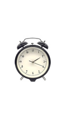 Realistic Isolated Analog Alarm Clock with Black Metal Casing on Transparent Background Featuring White Clock Face Hands and Numbers Showing the Passage of Time