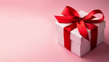 Obraz premium white gift box with red ribbon on pink background