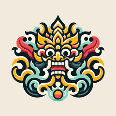Colorful Ornate Balinese Barong Mask Vector Illustration – Traditional Mythical Guardian Spirit Design, Perfect for Cultural Branding, Tattoo Art, Festivals, and Indonesian Heritage Logos