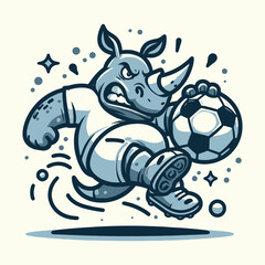 Powerful Rhino Soccer Player Mascot Vector Illustration – Strong Rhinoceros Kicking a Football in Dynamic Cartoon Style, Perfect for Sports Teams, Esports, Athletic Branding, and Football Logos