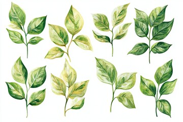 Set of watercolor Rose Leaves hand drawn on a white background