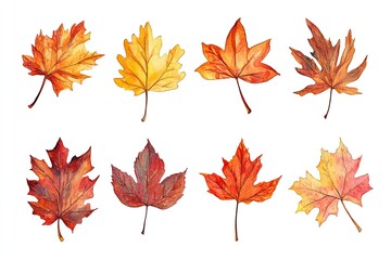 Set of watercolor Rustic Fall Leaves hand drawn on a white background