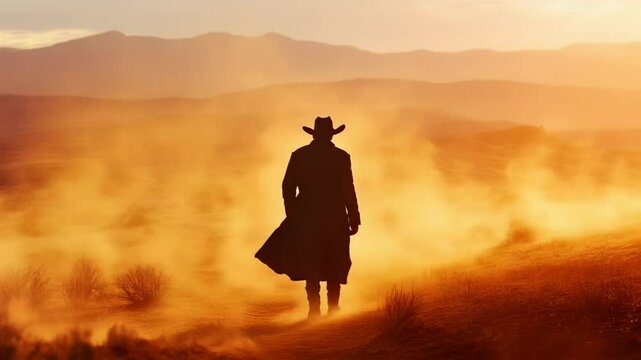 Cowboy Walking Through a Dusty Desert at Sunset Perfect for Western Theme