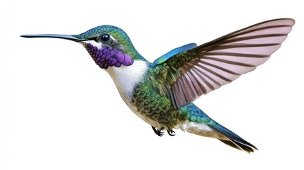 Fototapeta premium Colorful hummingbird in flight against white background. Possible use Stock photo