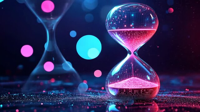 Glowing holographic hourglass with digital sand flowing, concept of time and technology, bright neon lights, focus on efficiency and innovation.