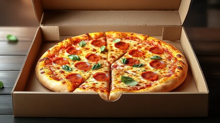 cardboard box with tasty pizza isolated,cartoon illustration style