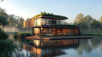 Obraz premium A stylish two-story container house designed as an urban sanctuary, featuring a minimalist aesthetic, a green rooftop, and a wooden deck leading to a reflecting pool.