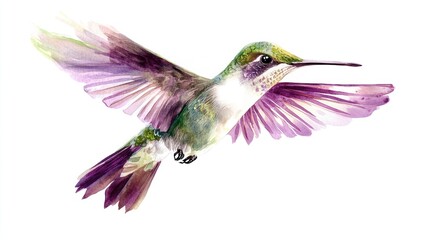 Obraz premium Watercolor hummingbird in flight against white background. Possible use for nature, wildlife, or art publications