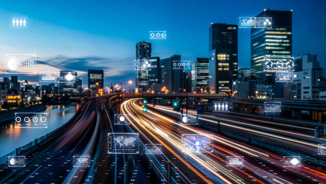 A hyper-modern smart city with intelligent highways, AI-driven traffic control systems