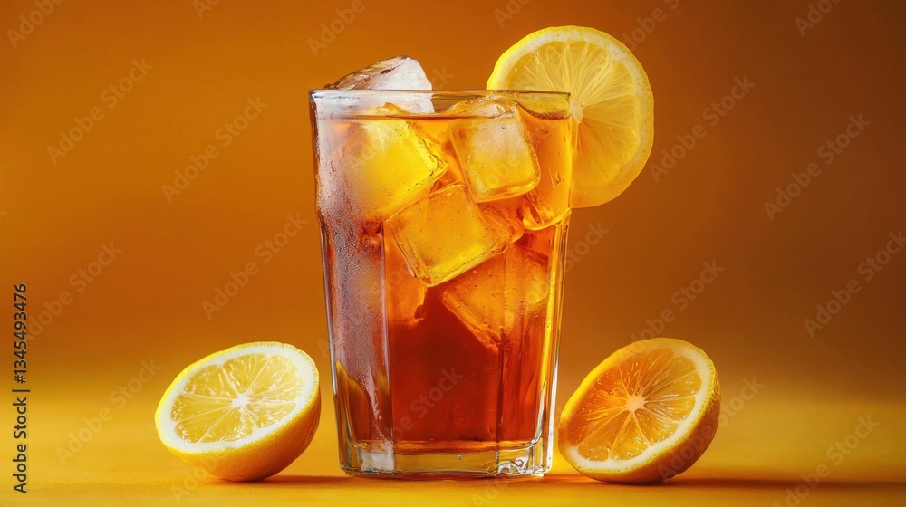 Poster refreshing iced tea with lemon slices and ice cubes on display