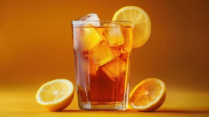 Refreshing Iced Tea with Lemon Slices and Ice Cubes on Display