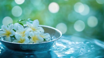 Traditional Thai Songkran silver bowl with jasmine garlands and water droplets, symbolizing renewal and purity.