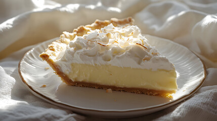 Creamy Coconut Pie Slice on Beige Plate with Soft Natural Lighting and Elegant Background