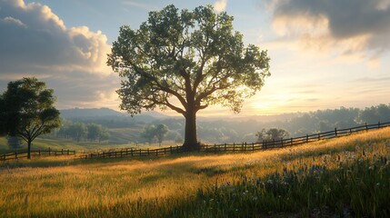 Fototapeta premium Sunrise over Wildflower Field and Majestic Oak Tree