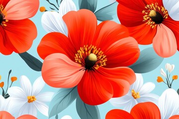 Vibrant Red and White Flower Seamless Pattern on Light Blue Background