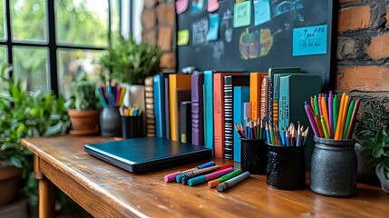 Student's home study desk, books, pencils, laptop, window
