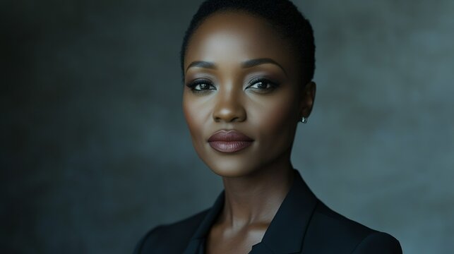 Confident African businesswoman in a tailored suit, exuding professionalism and strength.