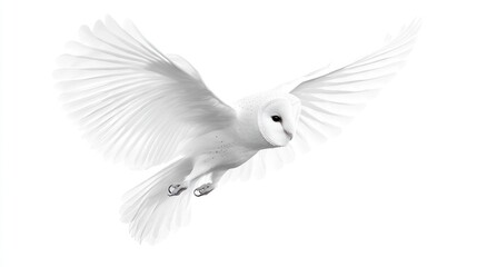 White Owl in Flight Against White Background