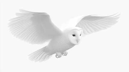 White Owl in Flight Against White Background.  Possible use Stock photo