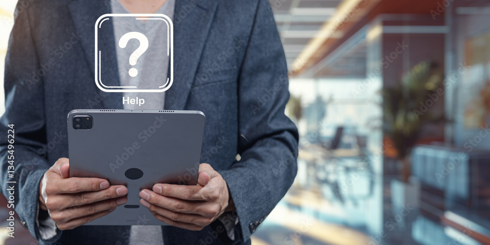 Poster help icon user seeking assistance with software on digital tablet in modern office